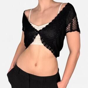 Comma european vintage black crochet bolero shrug short sleeve - small